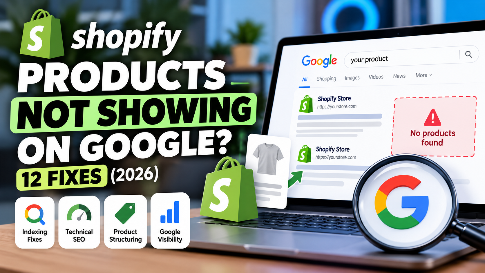 Diagnostic workflow for Shopify products missing from Google Search, from indexing checks to Merchant Center eligibility