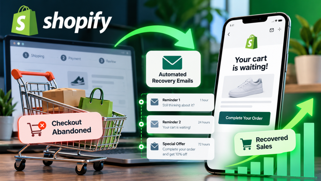 Shopify abandoned checkout recovery in 2026 showing automated reminder emails and recovered sales