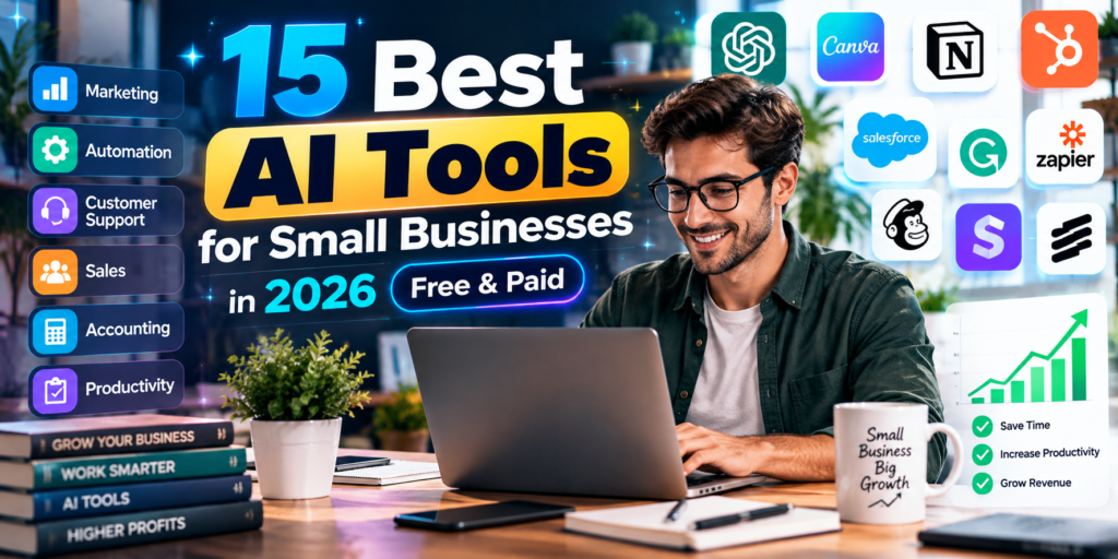 15 best AI tools for small businesses in 2026, including marketing automation, customer support, CRM and productivity software
