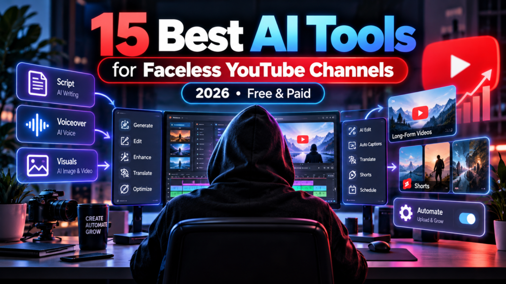 15 best AI tools for faceless YouTube channels in 2026 – scripts, AI voiceover, visuals, video editing, music and channel growth