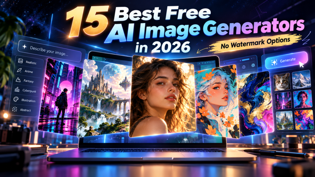 15 best free AI image generators in 2026 with no watermark options, showing realistic portraits, anime art, landscapes and text-to-image tools