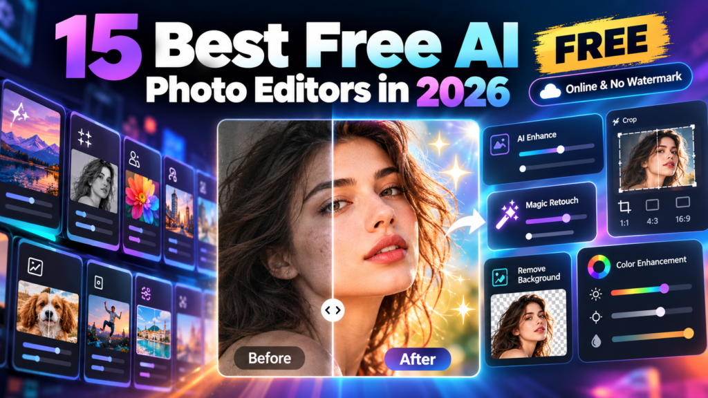 15 best free AI photo editors in 2026 – portrait before and after AI enhancement, object removal, photo retouching and background editing tools