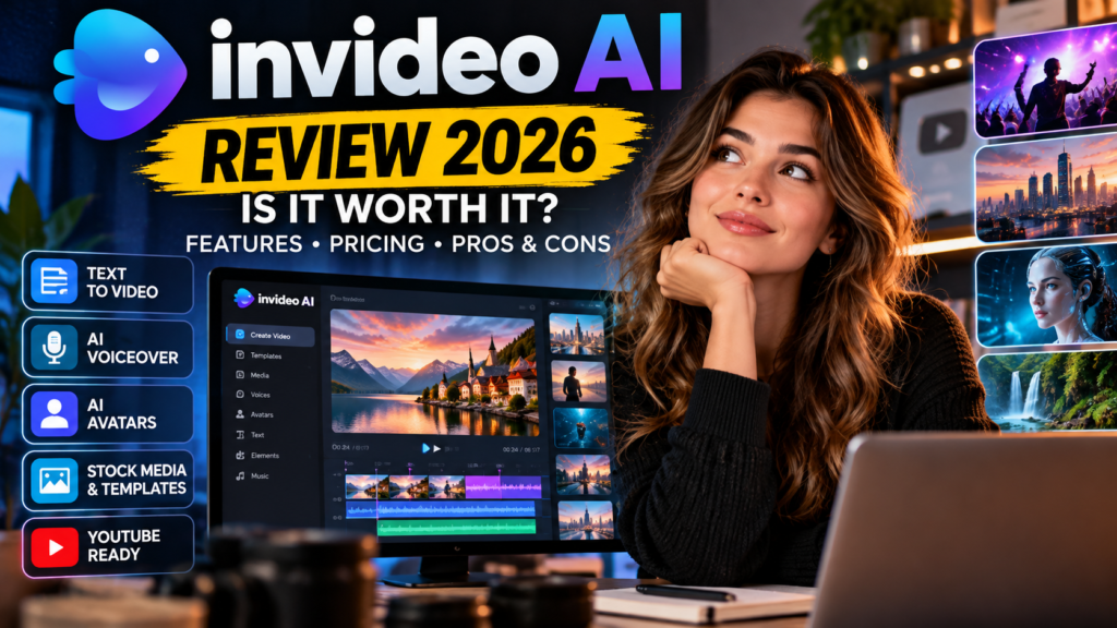 InVideo AI review 2026 cover – video editing tools, pricing and pros and cons