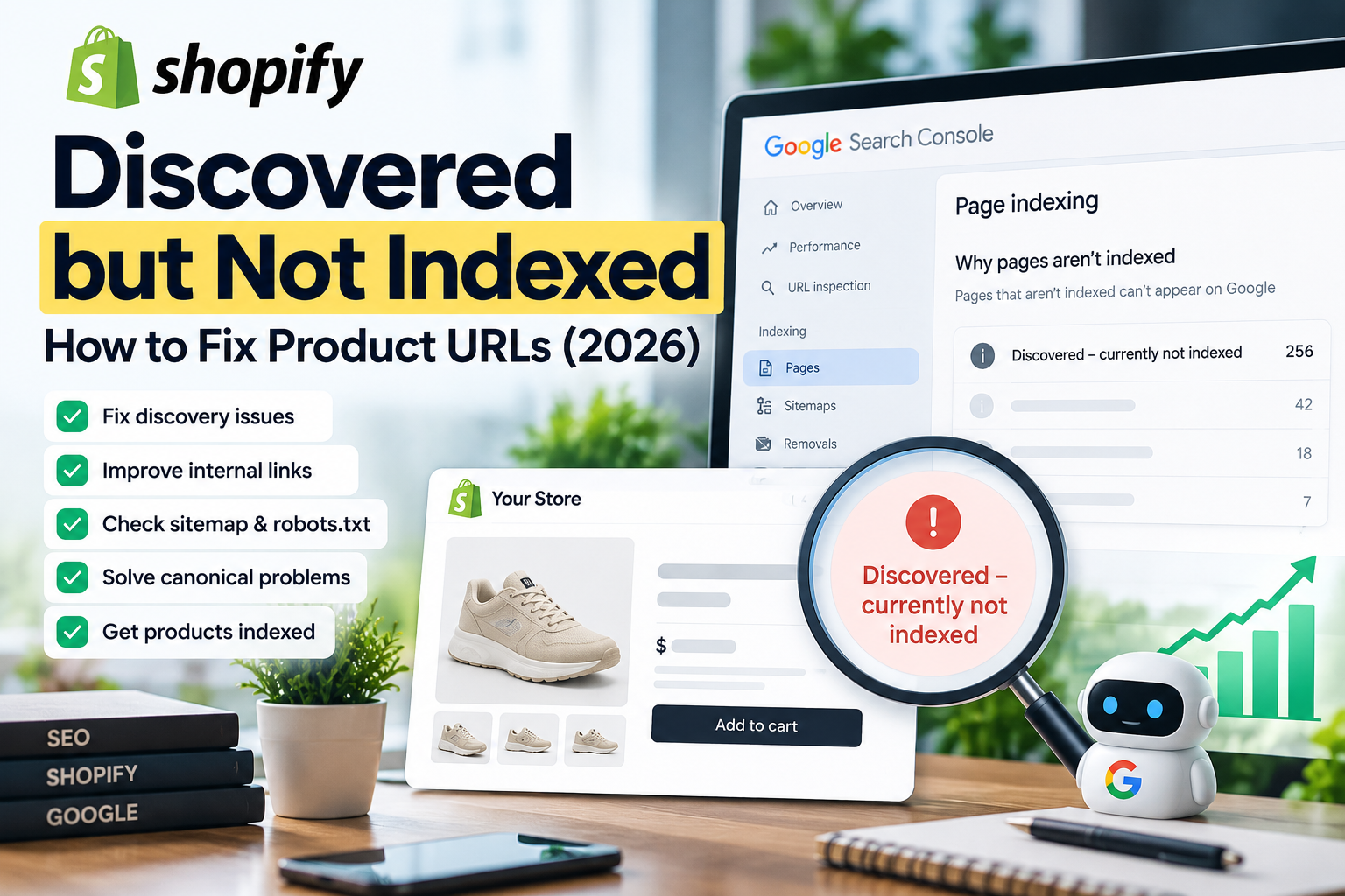 Shopify product URL discovered but not indexed checklist showing sitemap, internal links, canonical URLs and crawl issues